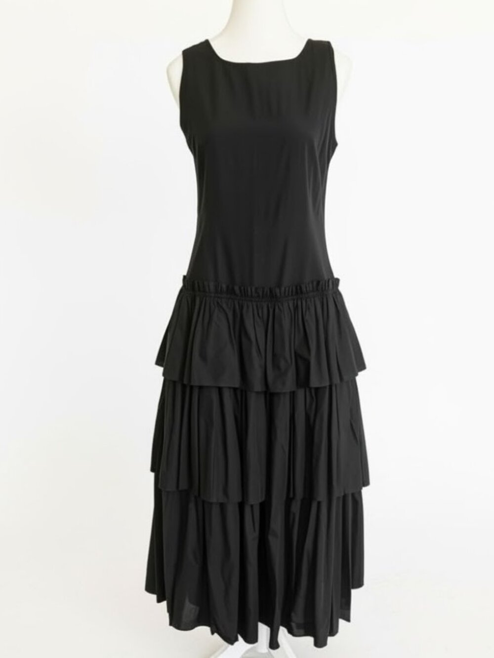 VTG Escada by Margaretha Ley Black Cotton Tiered Ruffle Midi Dress Size 38 US 8